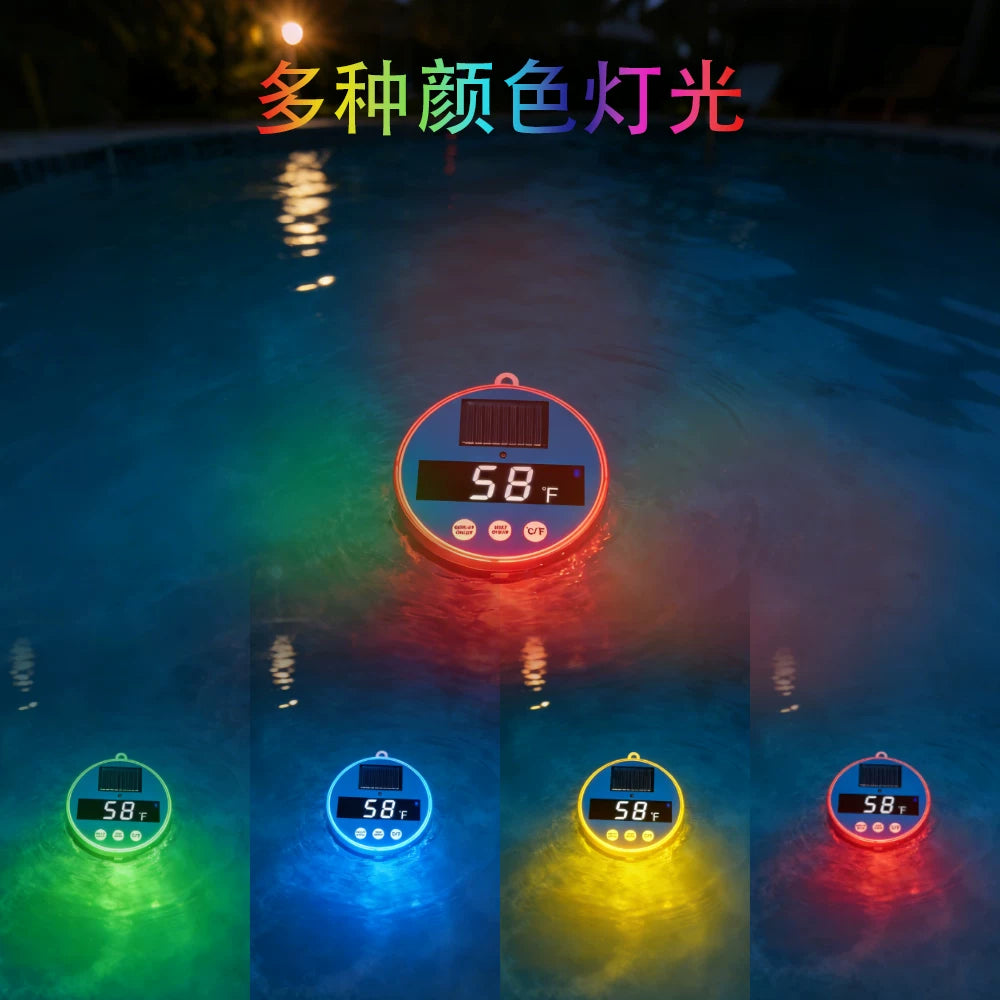 Solar Powered Floating Pool Thermometer with LED Light for Outdoor Swimming Pools