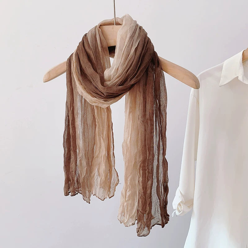 2025 New Cotton Linen Scarf for Women, Vintage Gradient Long Shawl, Pleated Thin Spring Autumn Warm Neck Wrap