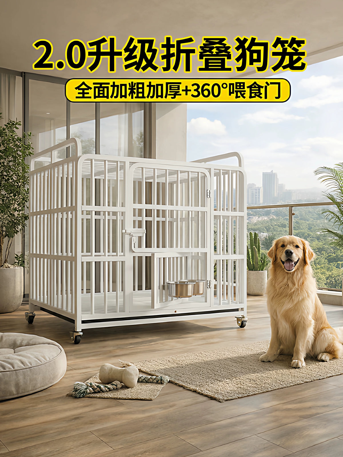 Foldable Dog Crate for Large and Medium Dogs, Thickened Heavy-Duty Pet Cage with Spacious Interior for Golden Retrievers