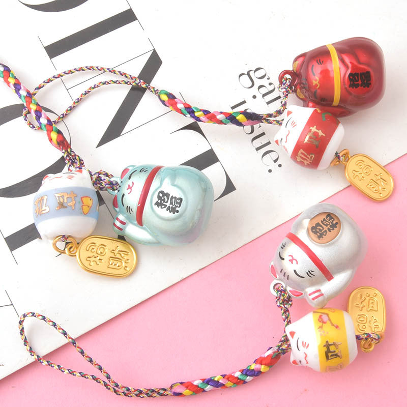 Japanese Ceramic Lucky Cat Wind Chime Charm with Double Bells