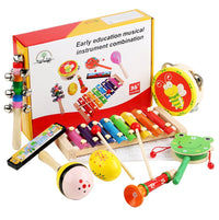 Wooden Orff Musical Instrument Set for Toddlers, Early Education Percussion Toys with Xylophone and Rattles