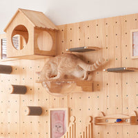 Wall-Mounted Cat Perch with Pegboard, Solid Wood Cat Climbing Frame, No-Drill Cat House & Shelf