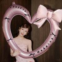 Giant Pink Heart Photo Frame Balloon with Bows for Wedding Engagement Photos