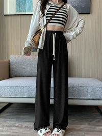 Women's Fleece-Lined Knit Wide-Leg Pants - Casual Straight-Leg Trousers with Drape
