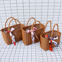 Hand-Woven Rattan Style Picnic Basket with Handle, Rectangular Fruit and Vegetable Storage Basket for Outdoor Use