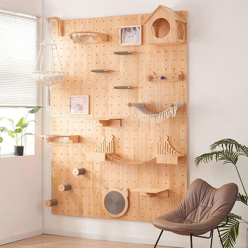 Wall-Mounted Cat Perch with Pegboard, Solid Wood Cat Climbing Frame, No-Drill Cat House & Shelf