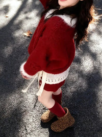 Women's Red Knit Sweater Three-Piece Set with Skirt for New Year Celebrations
