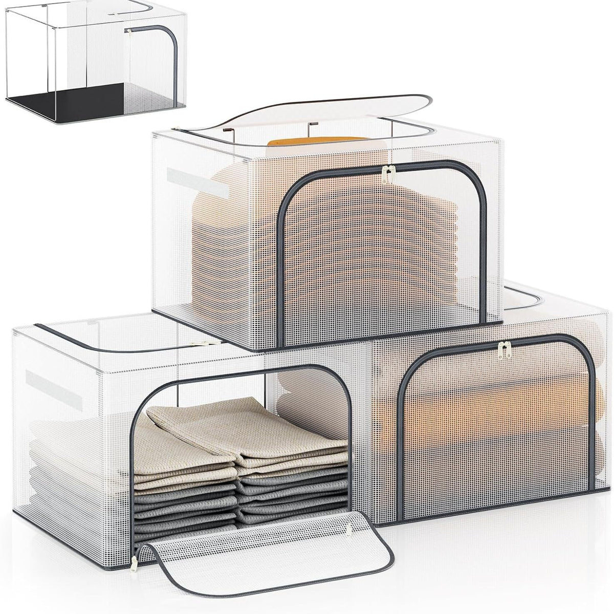 Clear Stackable Storage Bins with Metal Frame and Lid for Clothes