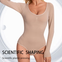 Women's Long Sleeve Low-Cut Bodysuit Shapewear with Tummy Control and Open Crotch