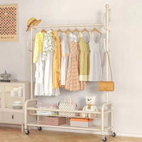 Freestanding Double Rod Garment Rack with Storage Basket