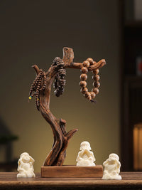 Solid Wood Bracelet & Key Holder with Monk Figurine, Jewelry Display Stand