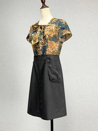 Women's Mid-Length Black Short Sleeve A-Line Dress with Bowknot Detail