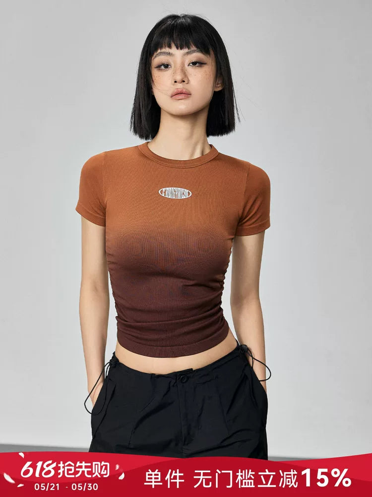 Mitaogirl Women's Seamless Knitted Gradient Pleated Short-Sleeved Sports T-Shirt, Elastic Yoga Top