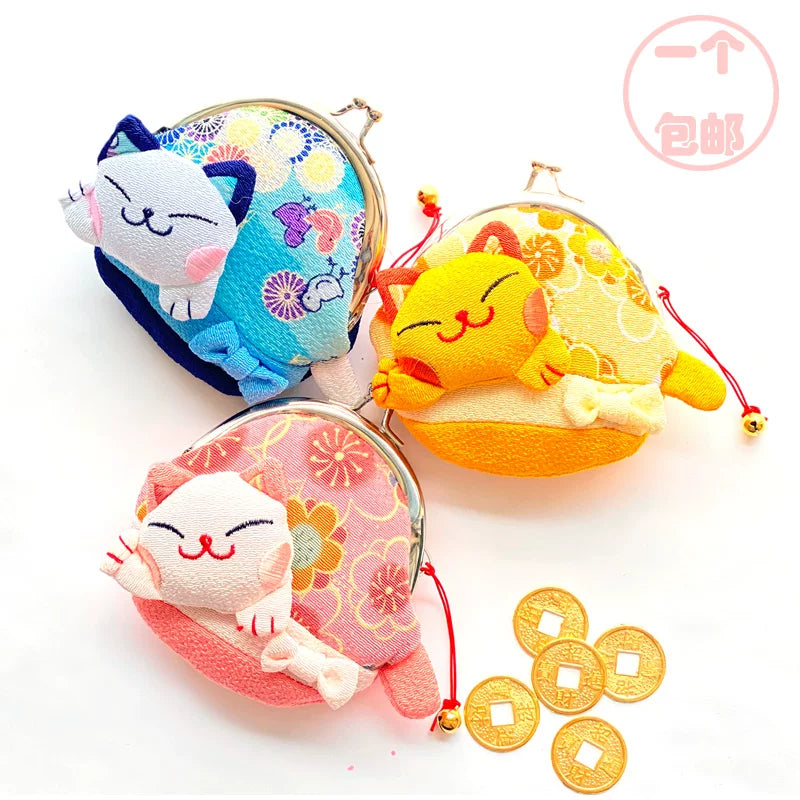 Lucky Cat Coin Purse with Bow Clasp, Japanese Style Fabric, Headphone Pouch, Gift for Birthdays and Weddings