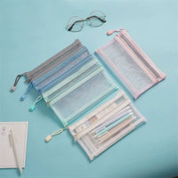Transparent Double-Layer Nylon Mesh Pencil Pouch with Zipper for Students