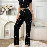 Women's Lace Trim Heart Print Pajama Set with Long Pants