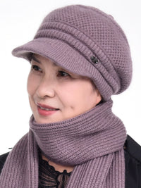 Women's Winter Knitted Rabbit Fur Hat and Scarf Set for Elderly, Warm Fleece Lined Beanie for Seniors