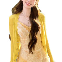 Korean Style Yellow Lace Floral Sundress with Cardigan Set for Spring/Summer