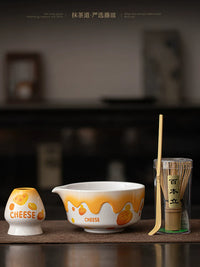 Japanese Ceramic Matcha Bowl Set with Whisk Stand - 8-Piece Cheese-Themed Gift Box