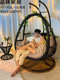 Outdoor Indoor Rattan Wicker Swing Chair with Stand and Cushion, Single Person Hanging Basket Chair for Patio Balcony Garden