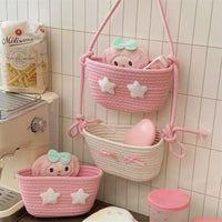 Cartoon Cotton Rope Woven Wall Hanging Storage Basket for Dorm Room, Bedroom, Home Use