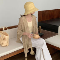 Lightweight Sun Protection Shawl with Tassel Trim, Openwork Mesh, and Side Slits