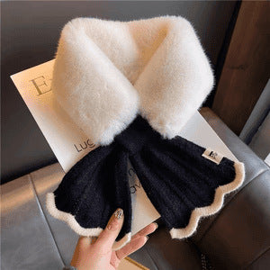 Mermaid Faux Fur Collar Scarf for Women, Thickened Knitted Plush Cross Scarf, Korean Style Warm Neck Warmer