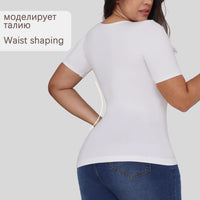 Women's V-Neck Slimming T-Shirt with Waist Cinch, Short Sleeve Body Shaper Undershirt