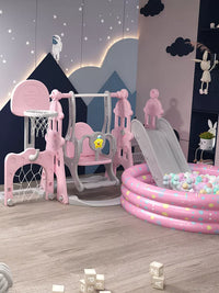 Kids Indoor Outdoor Slide and Swing Set with Basketball Hoop and Soccer Goal