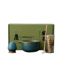 Japanese Ceramic Matcha Bowl Set with Spout and Whisk Stand, Handcrafted Kiln Glaze