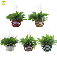 Green Leather Plant Hanger with Tray for Potted Plants