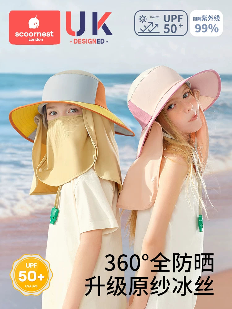 Kids' Full-Coverage Sun Hat with Neck Flap and Face Shield, UV Protection for Boys and Girls