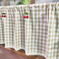 Khaki Plaid Half Curtain for Cabinets & Windows, Japanese Style Cafe Tier Curtain, Semi-Blackout with Cherry Decor