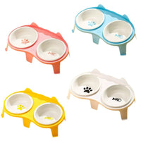 Cartoon Cat Ceramic Double Bowl with Elevated Stand for Food and Water