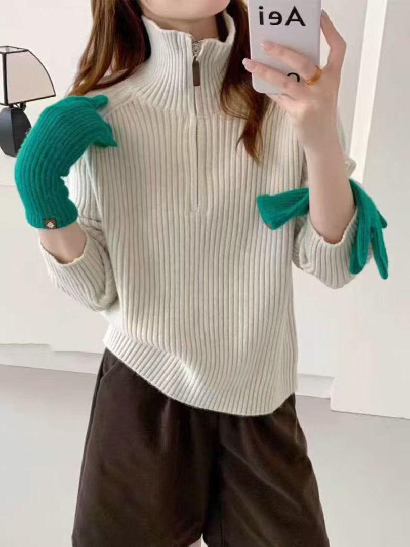 Women's Korean Style High-Neck Half-Zip Knitted Sweater