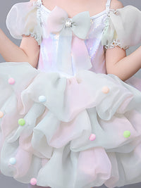 Girls' Rainbow Tulle Princess Dress with Headpiece & Brooch for Performance & Parties