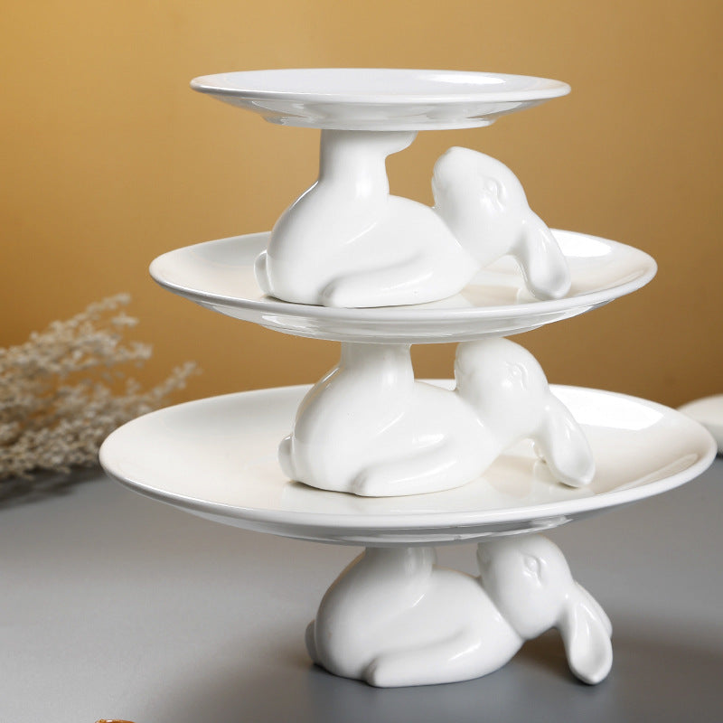 European Style White Ceramic Rabbit Cake Stand Dessert and Snack Plate