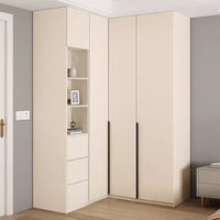 L-shaped Solid Wood Corner Wardrobe for Home Bedroom, Small Apartment Cream Style Cloakroom Cabinet