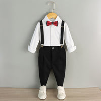 Boys' Formal Performance Outfit Set with White Shirt, Black Pants, Bow Tie, and Suspenders