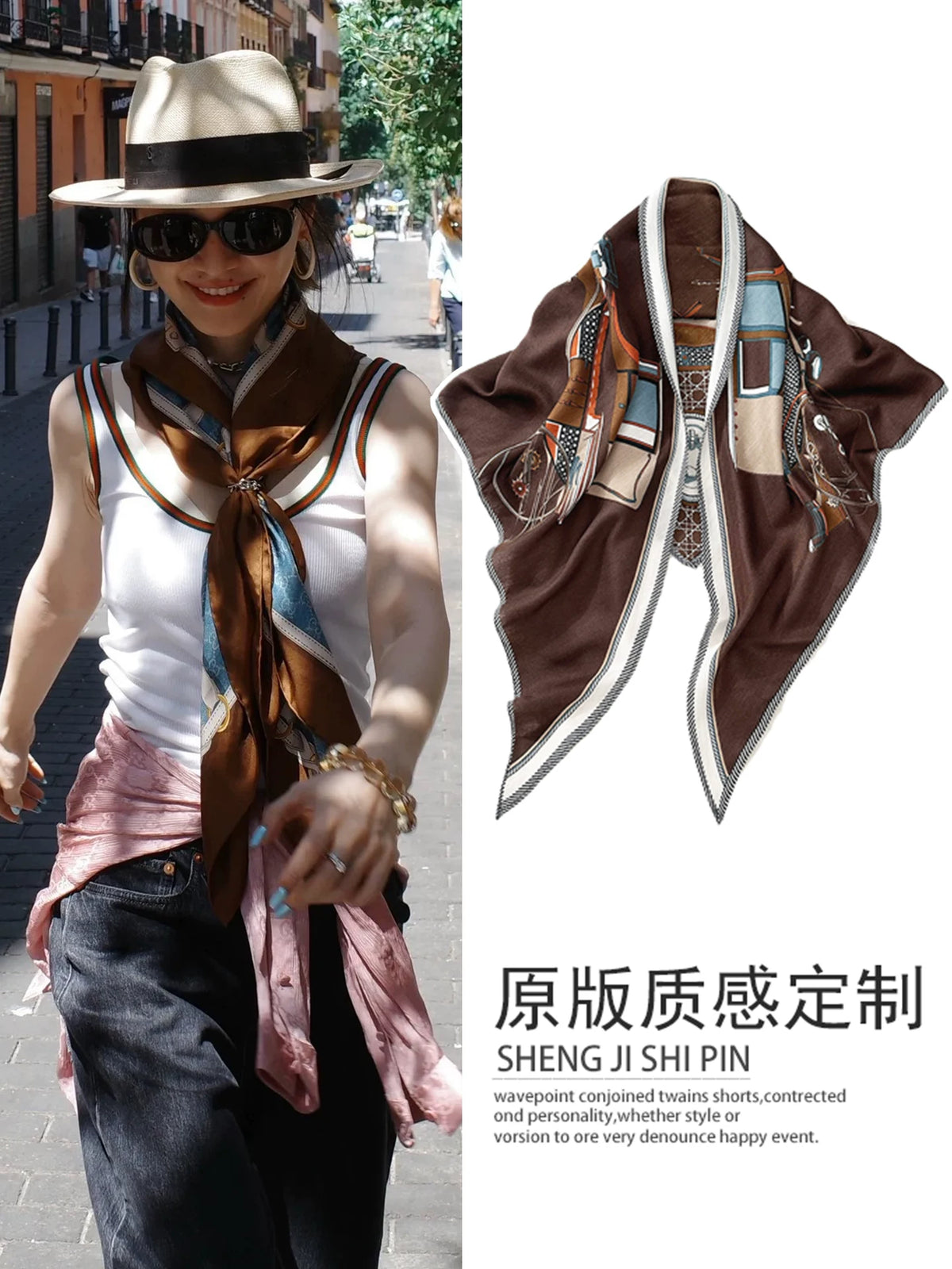 Jinjing Style Retro Brown Triangle Scarf Shawl for Women, 2025 New Decorative Neck Scarf, Old Money Aesthetic Silk Scarf