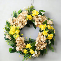 Spring Floral Wreath for Front Door, Greenery Vine Ring with Hydrangeas and Maple Leaves, Wedding & Hotel Decor