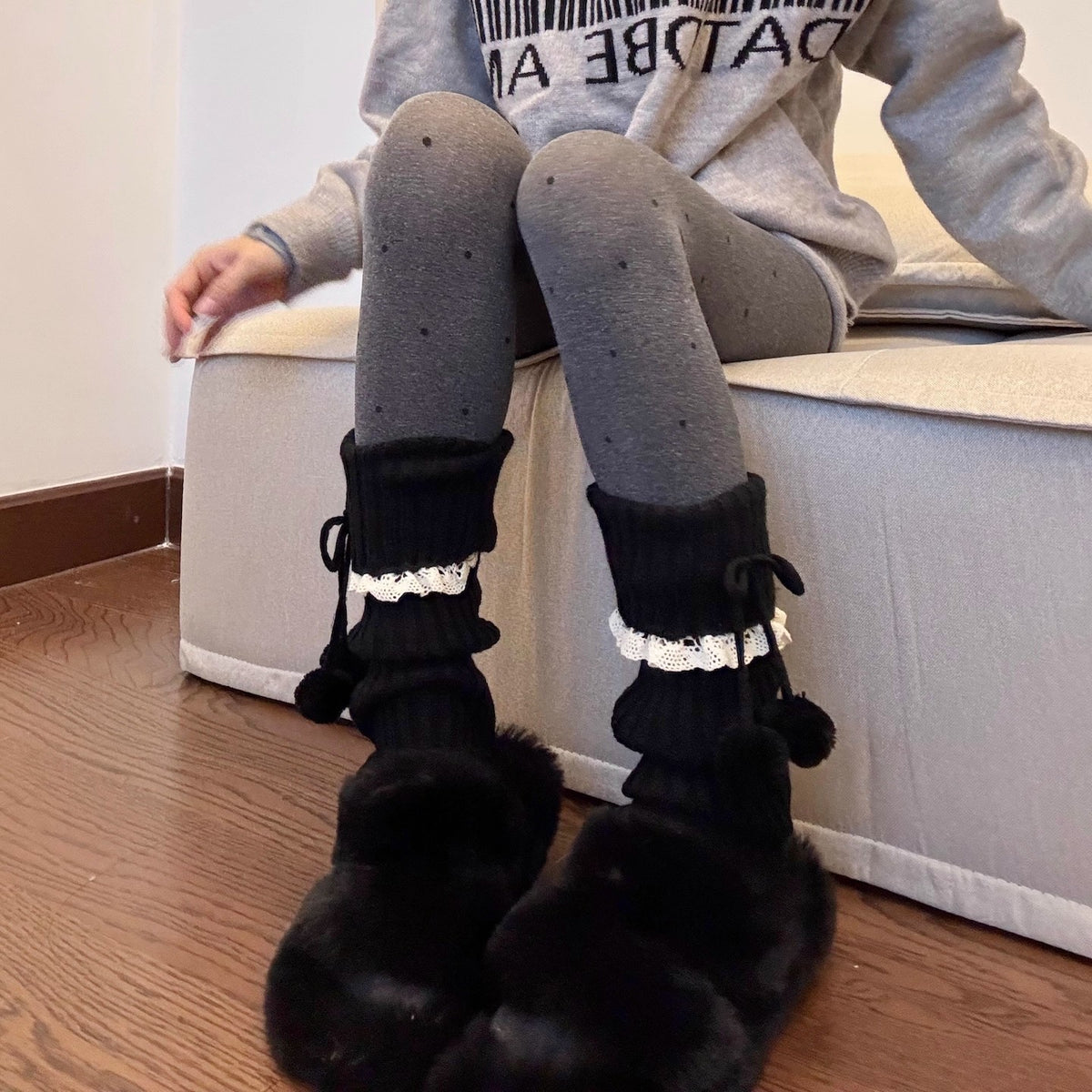 Lolita Fluffy Ball Leg Warmers for Women - Korean Style Warm Winter Boot Socks
