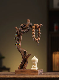 Solid Wood Bracelet & Key Holder with Monk Figurine, Jewelry Display Stand