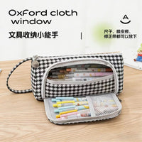 Large Capacity Canvas Pencil Case with Window, Portable Grid Pattern, Multi-functional Stationery Pouch for Students