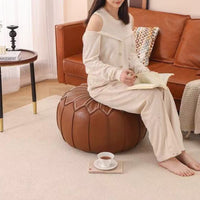 Embroidered Faux Leather Storage Ottoman Stool with Tatami Cushion, Foldable and Stackable