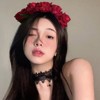Gothic Lolita Rose Flower Headband Crown Necklace Set for Halloween Cosplay Bridal