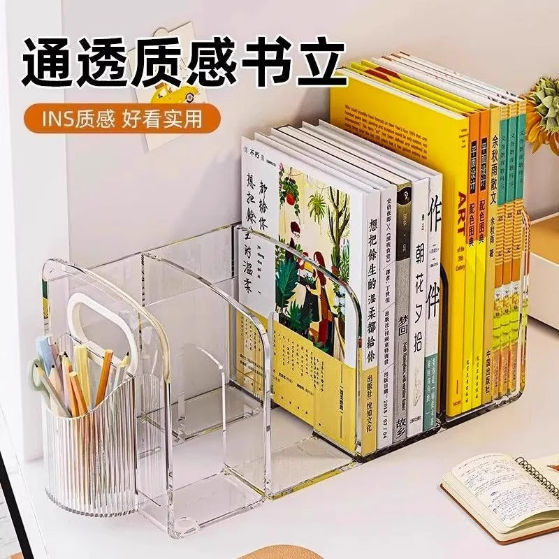 Clear Acrylic Desktop Bookends with Pen Holder for Office and Student Desk Organization