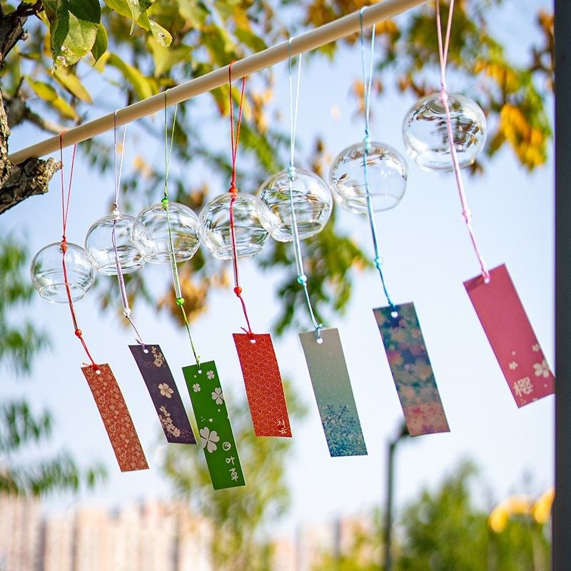 Japanese Style Cherry Blossom Glass Wind Chime with Pendant, Handmade Decorative Ornament for Home