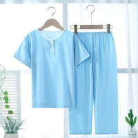 Kids' Summer Pajama Set, Thin Cotton Blend Short Sleeve Top & Long Pants for Boys and Girls