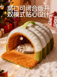 Semi-Enclosed Pet Cave Bed for Cats and Small Dogs, Warm Winter Cat House with Removable Cushion